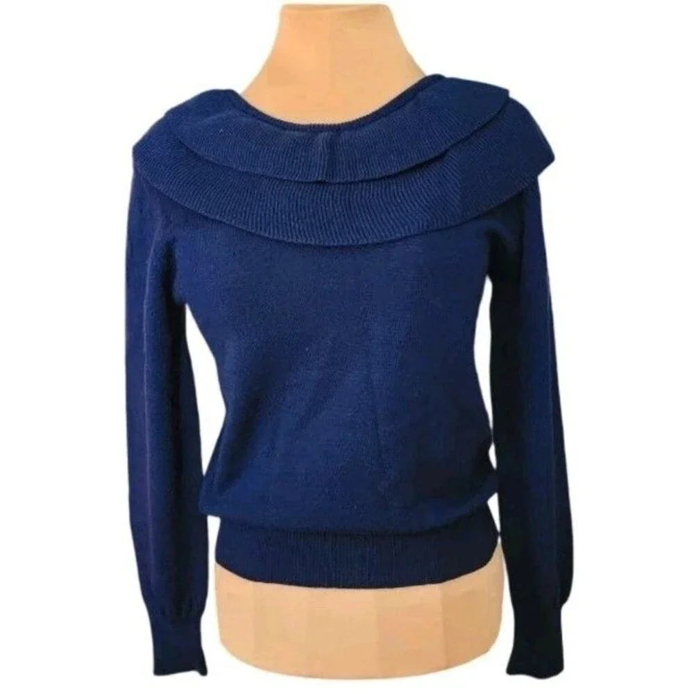 Vintage 80s Lord & Taylor Cozy Knit Lambswool Sweater Blue Tiered Collar‎ Small